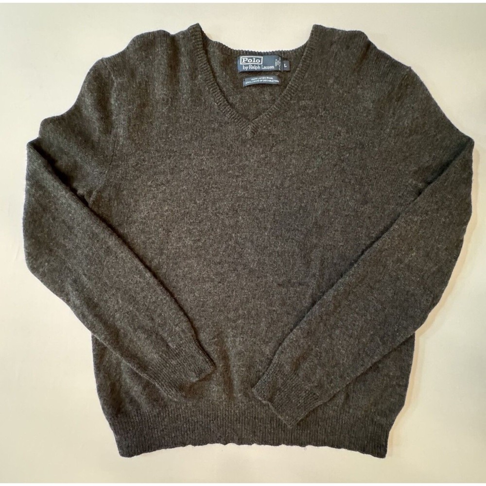 Polo By Ralph Lauren Size Large 100% Lambs Wool V Neck Sweater Long Sleeve Gray